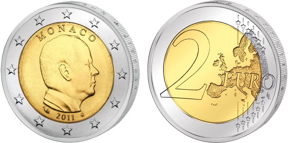 Монако 2 евро 2011 Князь Альберт II KM 195 биметалл UNC M25-04