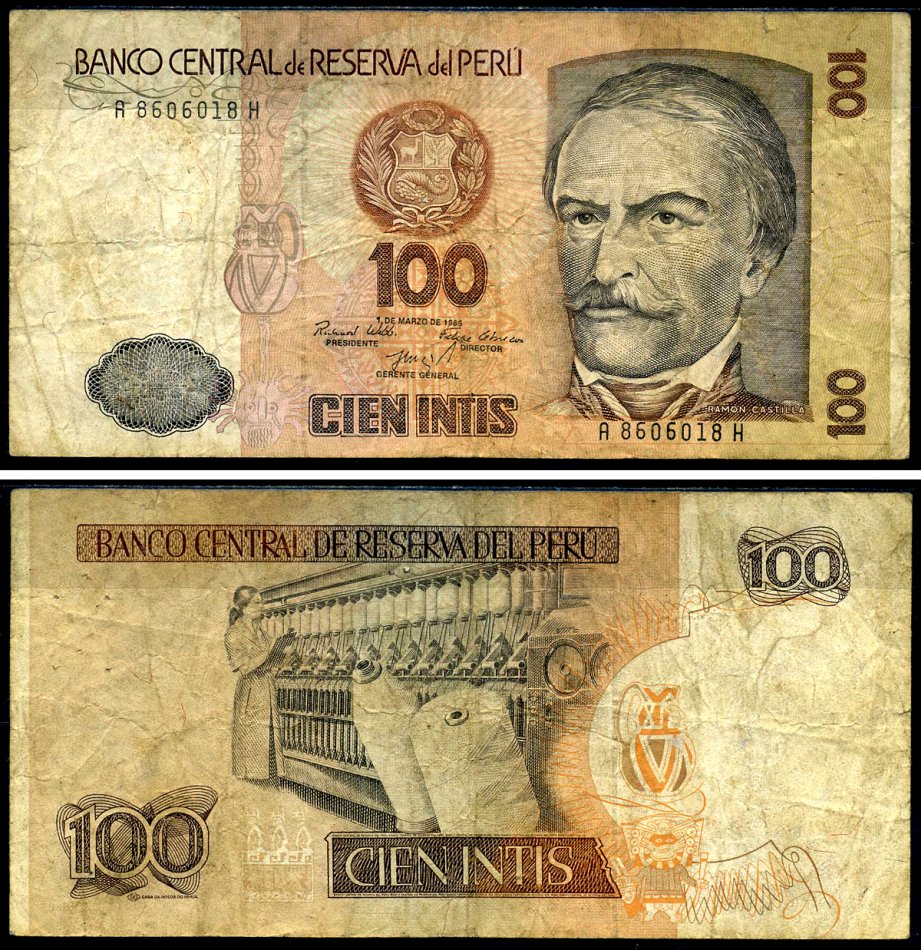 Перу 100 инти 1985 Рамон Кастилья, прядильная машина, 1 марта 1985 Pick 132 a бумага 2192-49-1-2