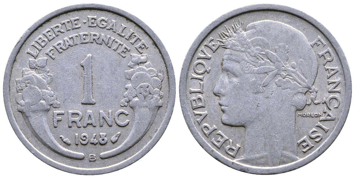 ФРАНЦИЯ 1 ФРАНК 1948 B, ТИП MORLON KM 885а.2, LE FRANC 221.14 алюминий 51-3517