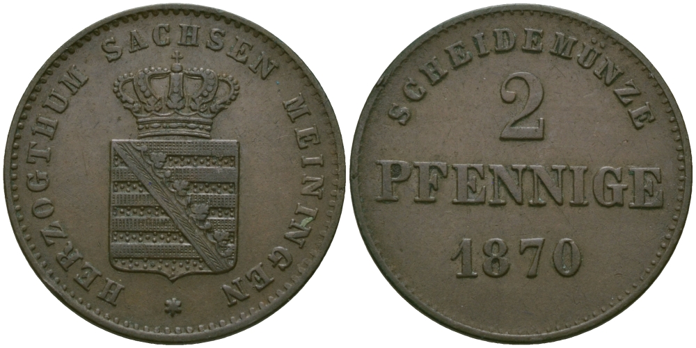 Саксен-Мейнинген 2 пфеннига 1870 Георг II (1866-1914) KM 174 медь 99-669