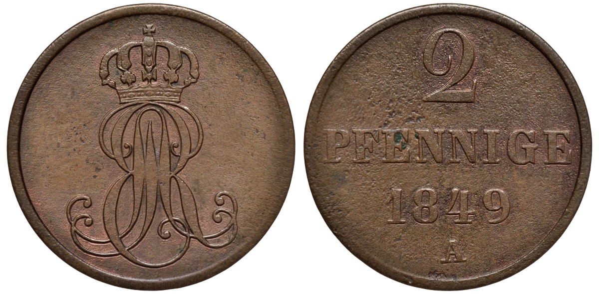 Ганновер 2 пфеннига 1849 A, Эрнст Август (1837-1851) KM 202.2, AKS 125, J. 75 медь 75-1924