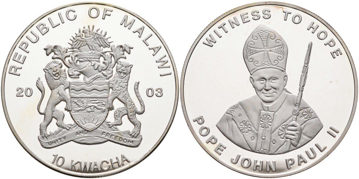 Малави 10 квача 2003 папа Иоанн Павел II, "witness to hope", свидетель надежды, серебрение KM 107 медно-никель PROOF 1098-2-14