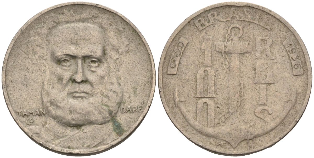 Бразилия 100 рейс 1936 Маркиз Тамандаре KM 536 медно-никель 4115-543