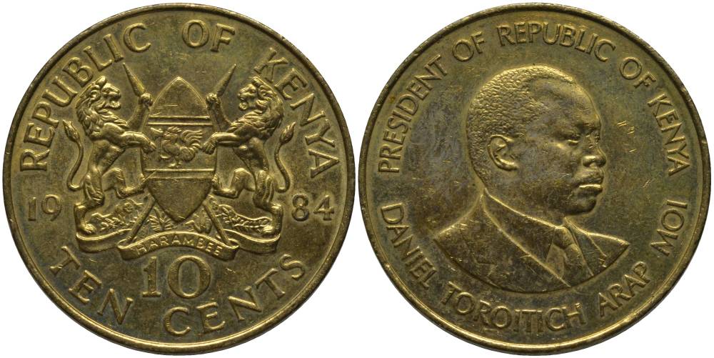 Кения 10 центов 1984 Дэниэл арап Мои KM 18 никель латунь 69-826