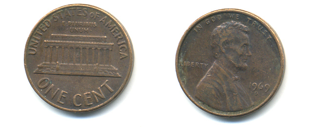США 1 ЦЕНТ 1969 D, ЛИНКОЛЬН KM 201 медь цинк 86-169