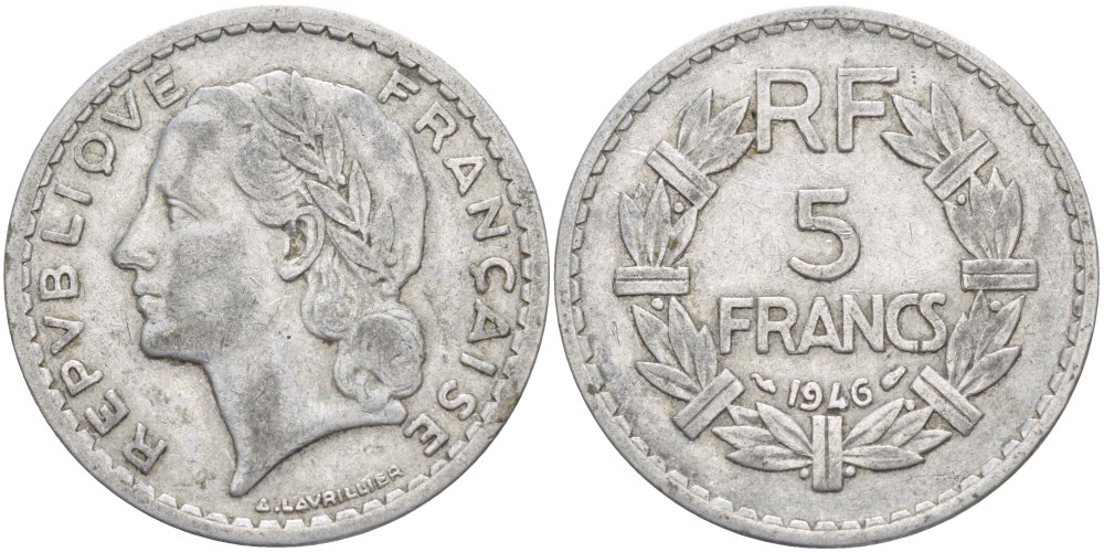 ФРАНЦИЯ 5 ФРАНКОВ 1946 KM 888b.1 алюминий 4531-835