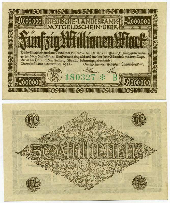ДАРМШТАДТ, ГЕРМАНИЯ 50000000 МАРОК (50 МИЛЛИОНОВ) 1923 1 СЕНТЯБРЯ 1923, НОТГЕЛЬД, ЗЕМЛЯ ГЕССЕН, НОМЕР, СНЕЖИНКА, СЕРИЯ В, ЗЕЛЁНАЯ, HESSESCHE LANDESBANK Keller 956d бумага аUNC 8613-21-2-2