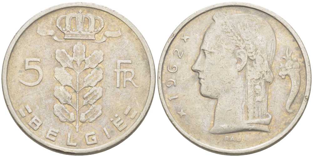 БЕЛЬГИЯ 5 ФРАНКОВ 1962 BELGIE, БОДУЭН I (1951-1993) KM 135.1 медно-никель 213-415