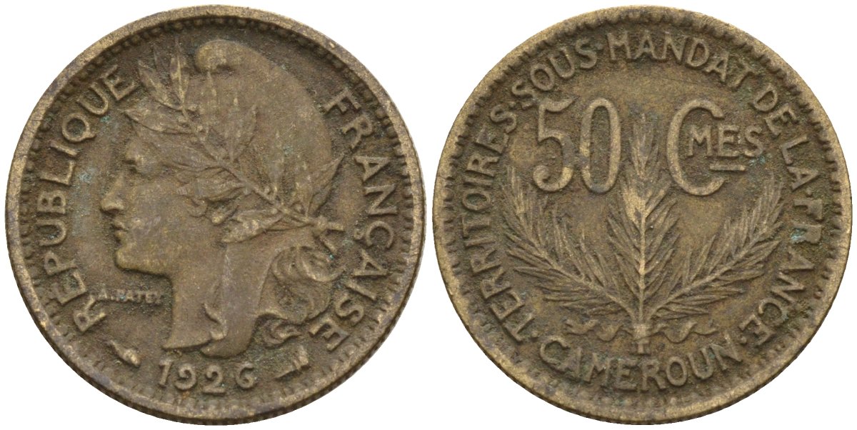 Камерун 50 сантимов 1926 (a), мондвор Париж KM 1 алюминиевая бронза 4169-1154
