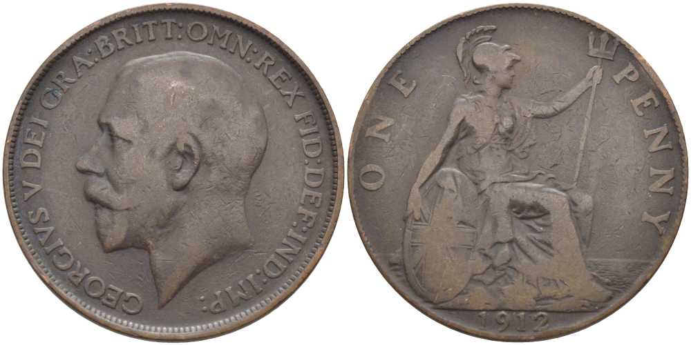 Великобритания 1 пенни 1912 Георг V (1910-1936) KM 810, Spink 4051 бронза 111-1226