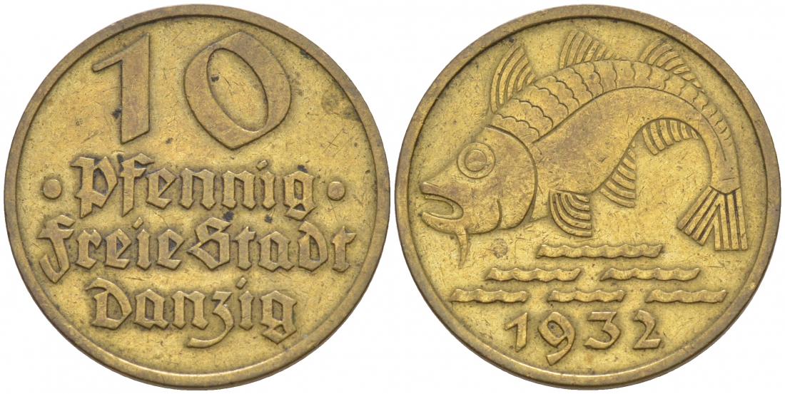 Данциг 10 пфеннигов 1932 рыба J. D 13, KM 152 алюминиевая бронза   68-547