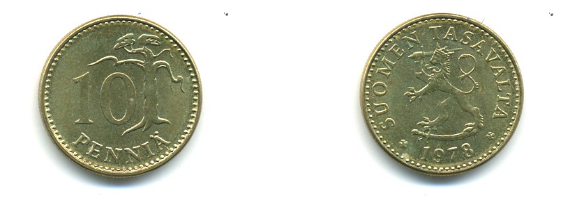 ФИНЛЯНДИЯ 10 ПЕННИ 1978 K KM 46 алюминиевая бронза 80-433