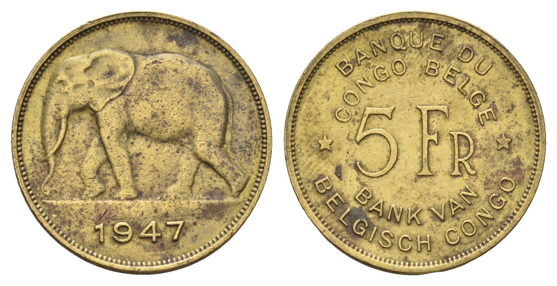 Бельгийское Конго 5 франков 1947 слон, Леопольд III, год тип KM 29 латунь 4127-1815