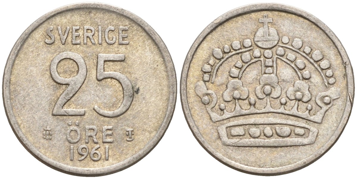 Швеция 25 эре 1961 TS, Густав VI Адольф (1950-1973) KM 824 серебро 4147-1114