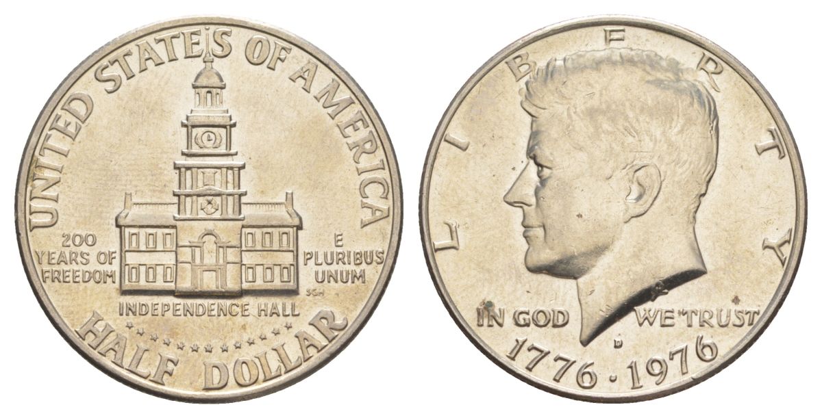 США 1/2 доллара (50 центов) 1976 D, 200 лет независимости, Джон Кеннеди KM 205 медь плакированная медно-никелем aUNC 4545-1134