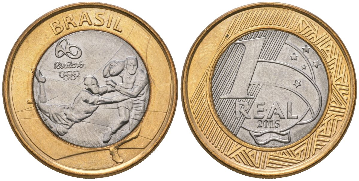 Бразилия 1 реал 2015 XXXI летние Олимпийские Игры, Рио-де-Жанейро 2016 - Регби KM 707 биметалл UNC 4619-323