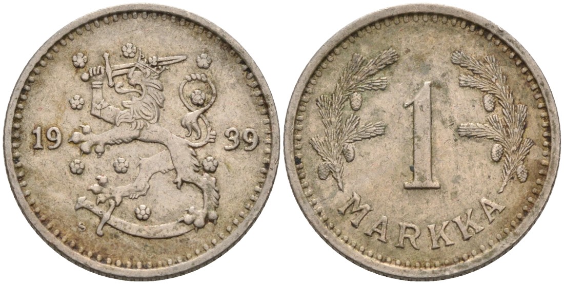 ФИНЛЯНДИЯ 1 МАРКА 1939 S KM 30 медно-никель 4563-642