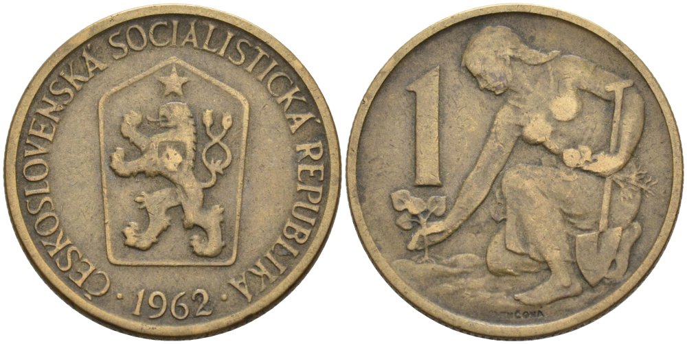 Чехословакия 1 крона 1962 KM 50 алюминиевая бронза 55-845