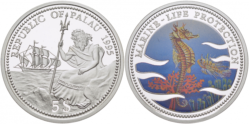 Палау 5 долларов 1995 морской конек, цветная эмаль KM 12 серебро PROOF 04-302-22