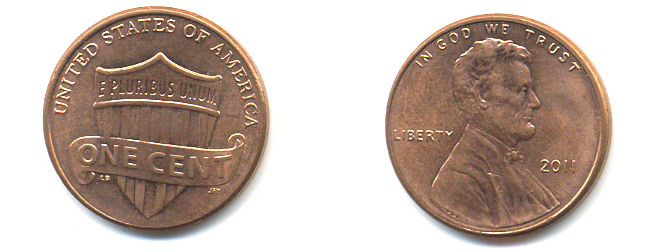 США 1 ЦЕНТ 2011 ЛИНКОЛЬН, ЩИТ KM 469 цинк плакированный медью 86-361