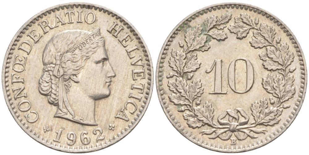 ШВЕЙЦАРИЯ 10 РАППЕНОВ 1962 В KM 27 медно-никель 55-325