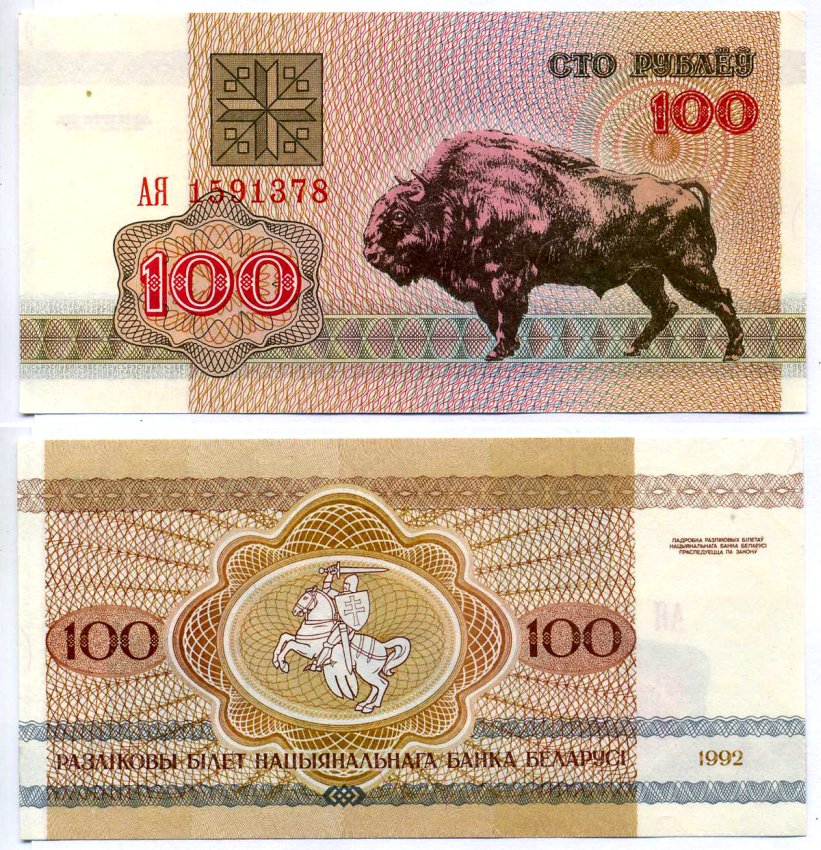 Беларусь 100 рублей 1992 зубр Pick 8, Сергеев 9 бумага UNC (пресс) 6293-24-1-2