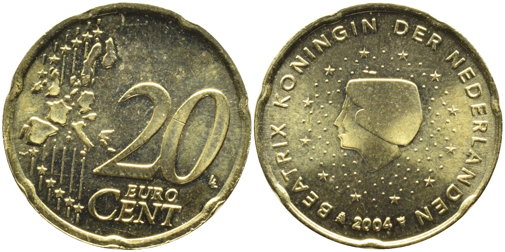 Нидерланды 20 евроцентов 2004 Беатрикс (1980-2013) KM 238 латунь UNC 08-1147