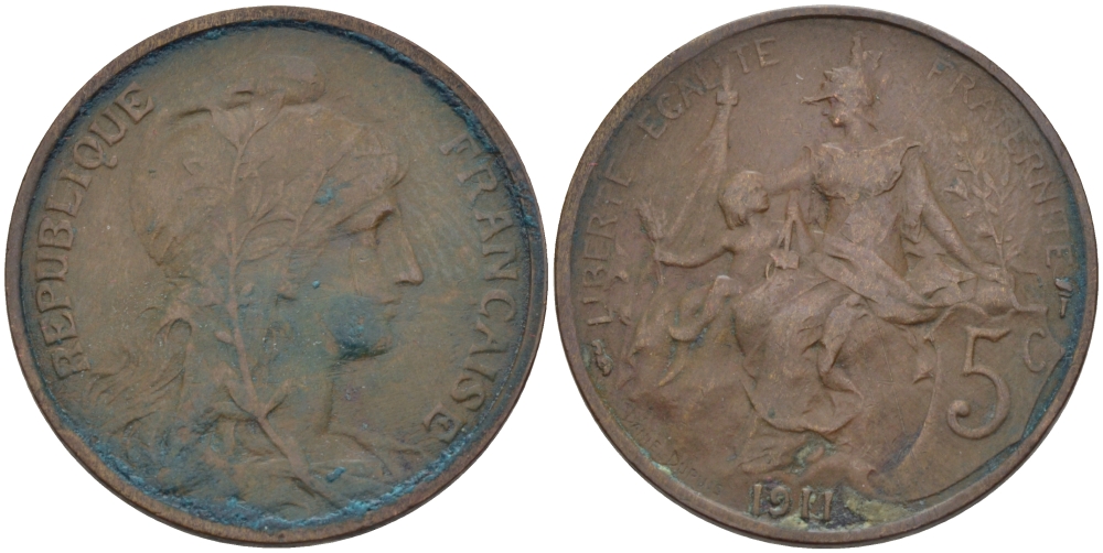 ФРАНЦИЯ 5 САНТИМОВ 1911 ТИП ДАНИЭЛЬ ДЮПЮИ KM 842, LE FRANC 119.23 бронза 28-557