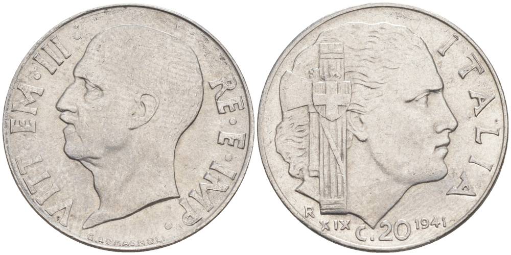 ИТАЛИЯ 20 ЧЕНТЕЗИМО 1941 R, ГОД XIX, ВИКТОР ЭММАНУИЛ III (1900-1946) KM 75b, VEM3. 1028 нержавеющая сталь 3853-617