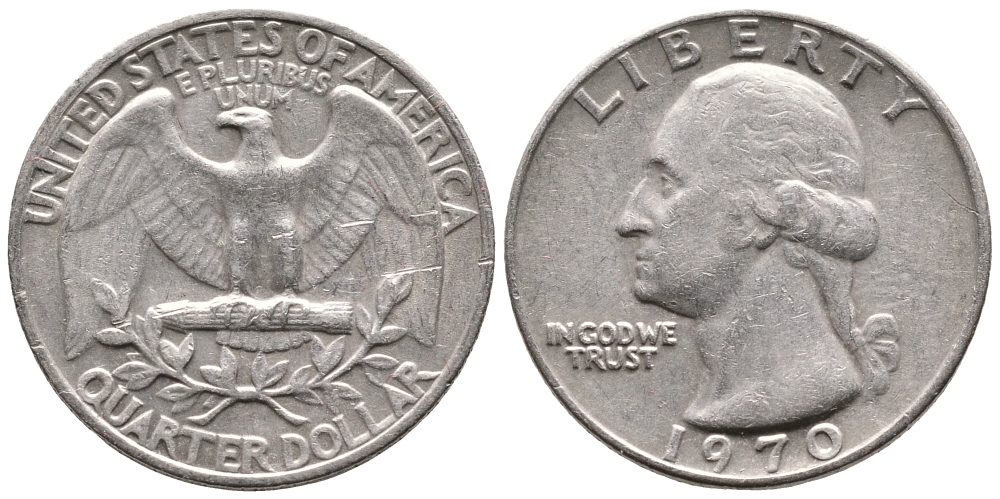 США 25 центов (квотер) 1970 Вашингтон KM 164а медь плакированная медно-никелем 4364-514