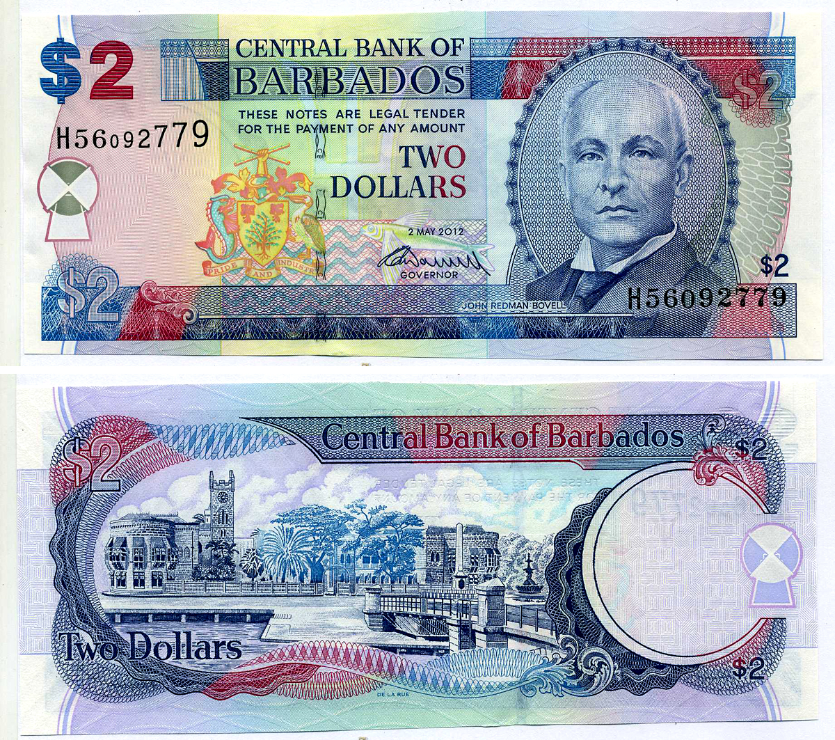 Барбадос 2 доллара 2012 2 мая 2012, Джон Редман Бовел Pick 66c бумага UNC (пресс) 2197-8-1-2