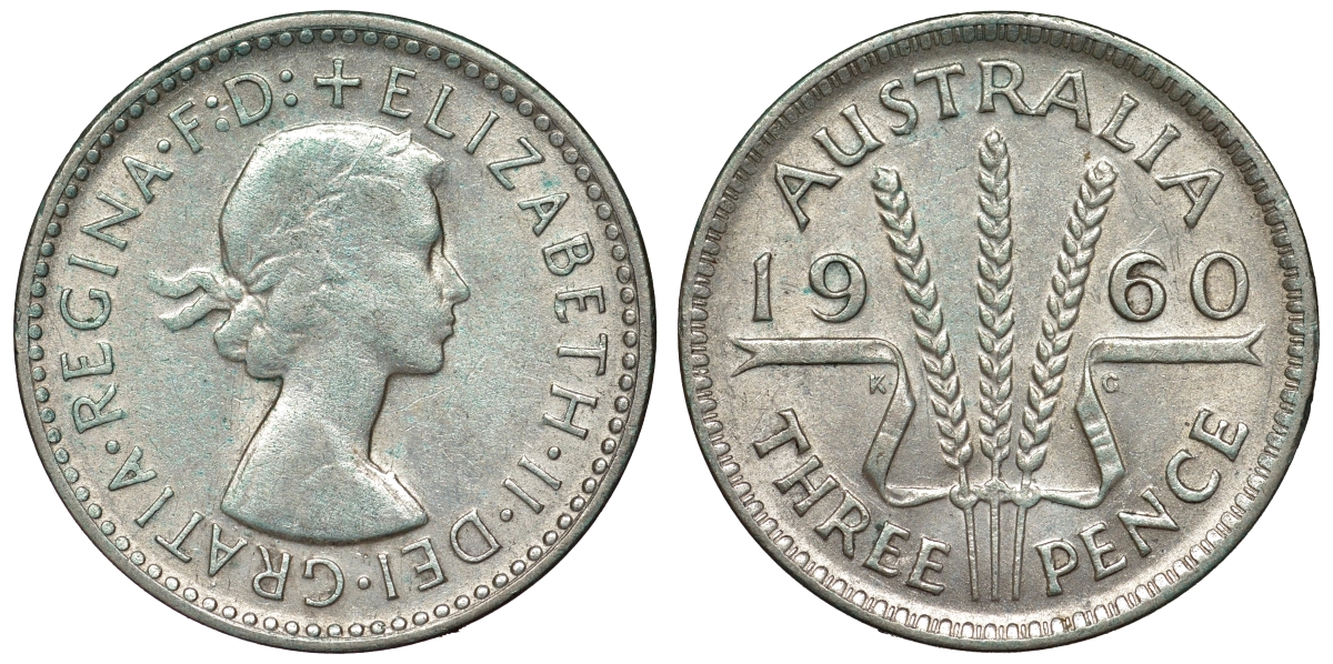 Австралия 3 пенса 1960 m, Елизавета II (1952-2022) KM 57 серебро 71-653