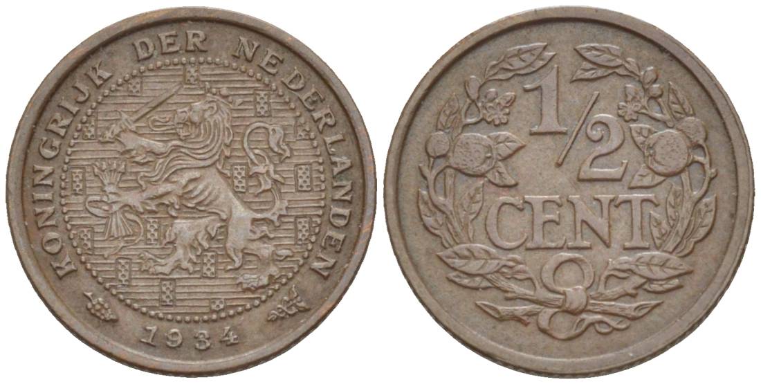 НИДЕРЛАНДЫ 1/2 ЦЕНТА 1934 ВИЛЬГЕЛЬМИНА I (1891-1948) KM 138 бронза 4547-1249