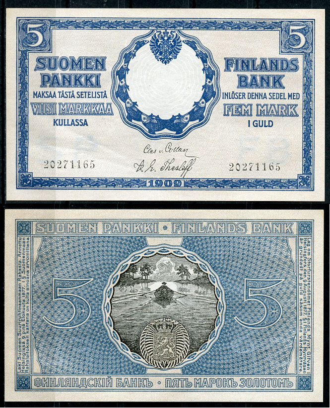 Россия для Финляндии 5 марок золотом 1909 водяной знак FB SP Pick 9 a, Кардаков 15.1.180  бумага  aUNC 00-00