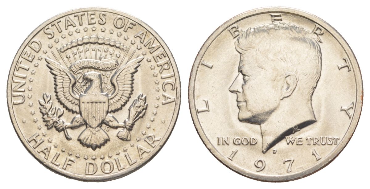 США 1/2 доллара (50 центов) 1971 D, Джон Кеннеди KM 202b медь плакированная медно-никелем aUNC 81-316
