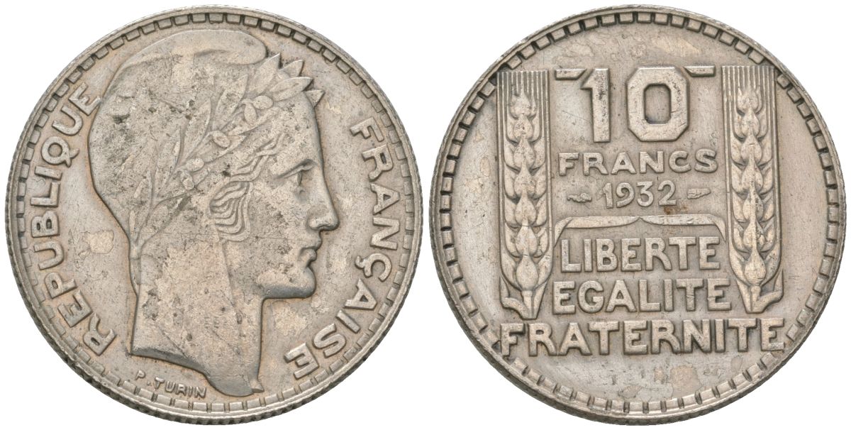 Франция 10 франков 1932 Пьер Тюрен KM 878, Le Franc 360.5 серебро 4390-323