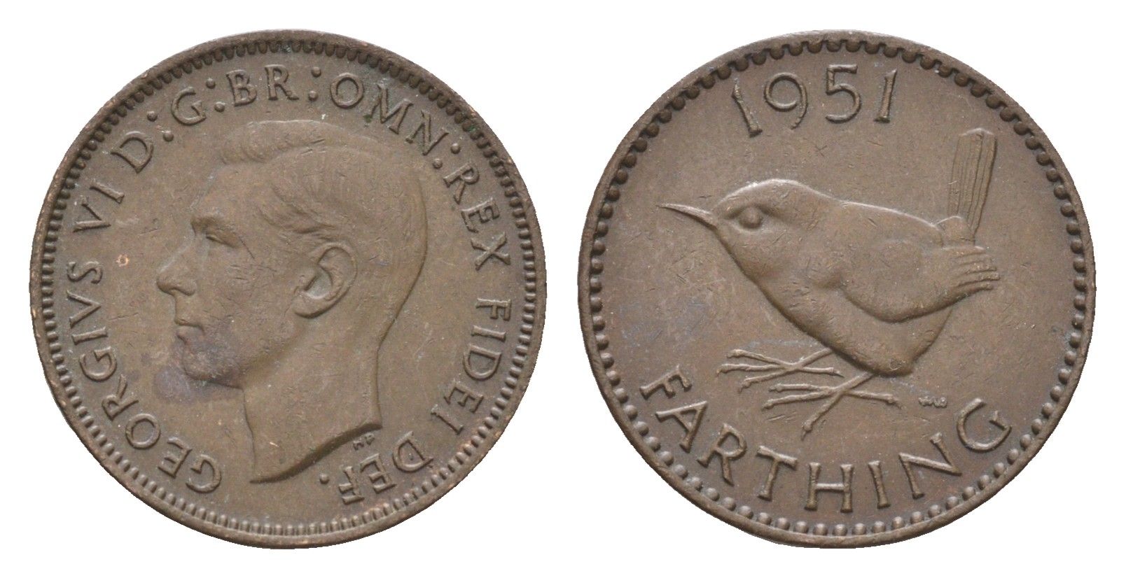 Великобритания 1 фартинг 1951 Георг VI (1936-1952) KM 867, Spink 4119 бронза 4664-359