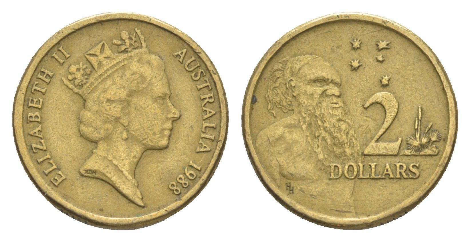 Австралия 2 доллара 1988 абориген, Елизавета II (1952-2022) KM 101 алюминиевая бронза 4525-544