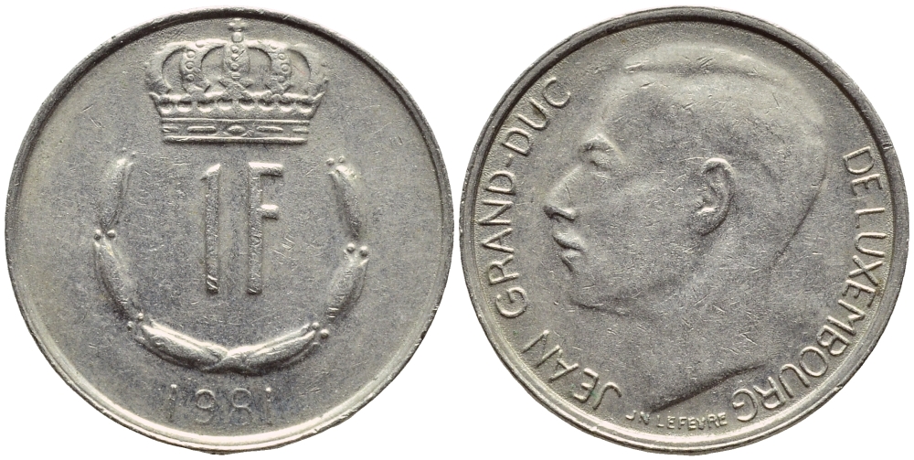 ЛЮКСЕМБУРГ 1 ФРАНК 1981 ВЕЛИКИЙ ГЕРЦОГ ЖАН KM 55 медно-никель 4397-451