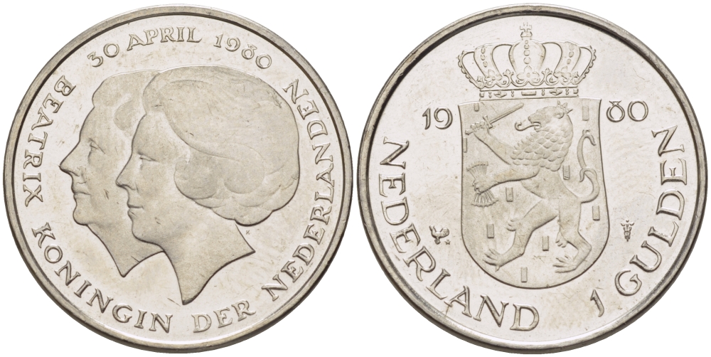 Нидерланды 1 гульден 1980 на коронацию Беатрикс, 30 апреля 1980 KM 200 никель 31-842