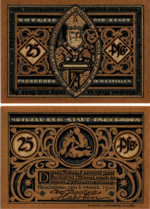 ПАДЕБОРН 25 ПФЕННИГОВ 1920 1 МАРТА 1920, НТГЕЛЬД, ЗЕМЛЯ СЕВЕРНЫЙ РЕЙН-ВЕСТФАЛИЯ Keller P1.3 бумага 6318-25-3-2