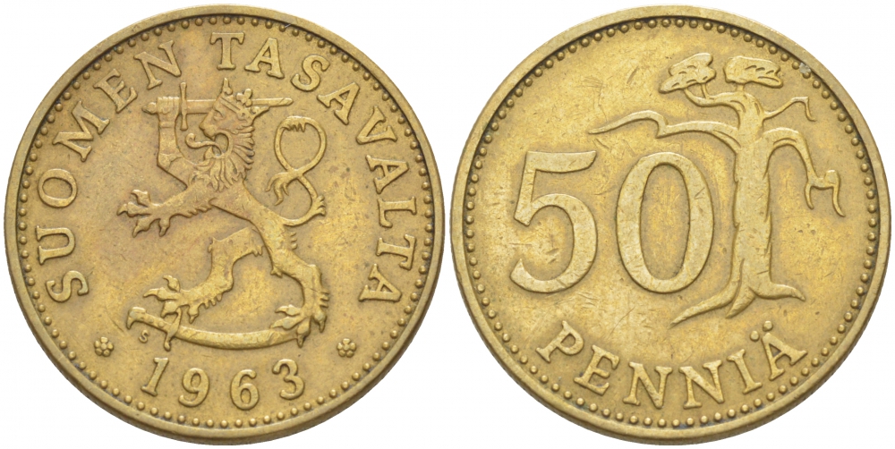 ФИНЛЯНДИЯ 50 ПЕННИ 1963 S ПЕРВЫЙ ГОД KM 48 алюминиевая бронза 3457-845