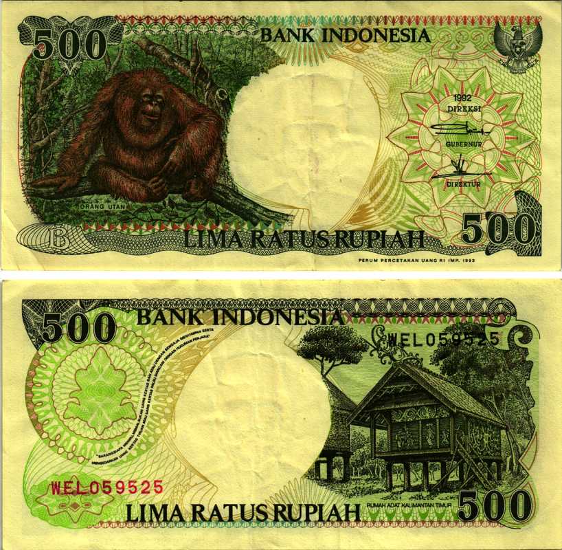 ИНДОНЕЗИЯ 500 РУПИЙ 1992/1993 ОРАНГУТАН, КАЛИМАНТАНСКИЙ ДОМ Pick 128b бумага 7148-39-2-1