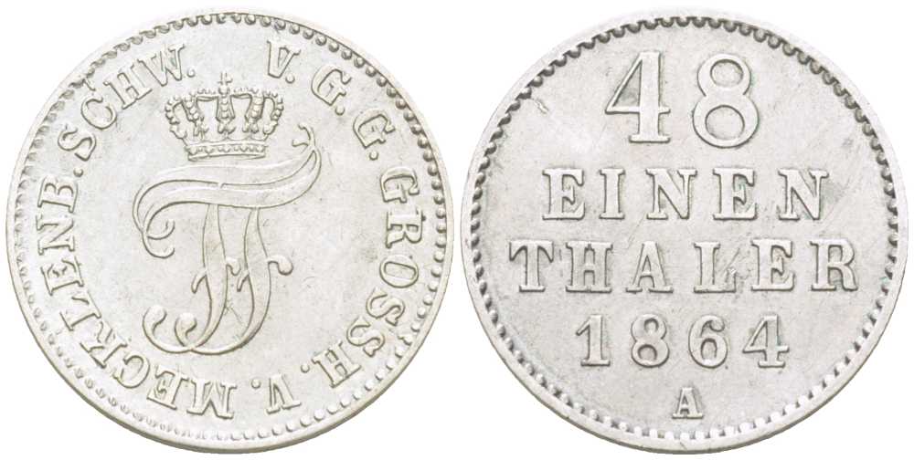 Мекленбург-Шверин 1/48 талера 1864 А, Фридрих Франц II (1842-1883) AKS 66, Jaeger 117, KM 311 (С107а) серебро 206-313