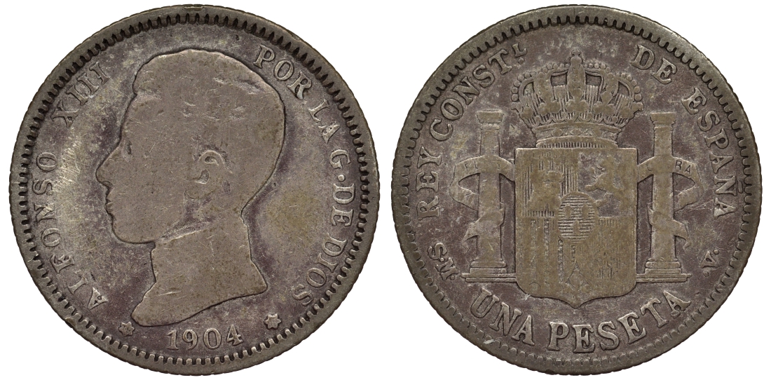 Испания 1 песета 1904 (04) SM-V, АЛЬФОНСО XIII (1886-1931) KM 721 серебро 4566-637
