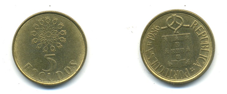 ПОРТУГАЛИЯ 5 ЭСКУДО 1986 KM 632 никель-бронза 176-321