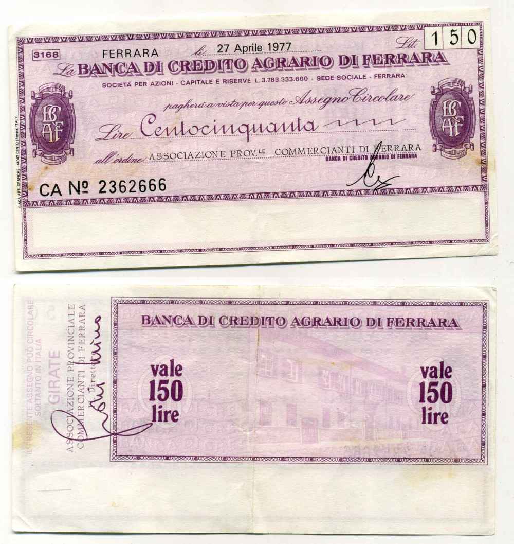 Италия 100 лир 1977 27 апреля 1977 Banca credito agrario Di ferrara бумага 8588-21-3-1