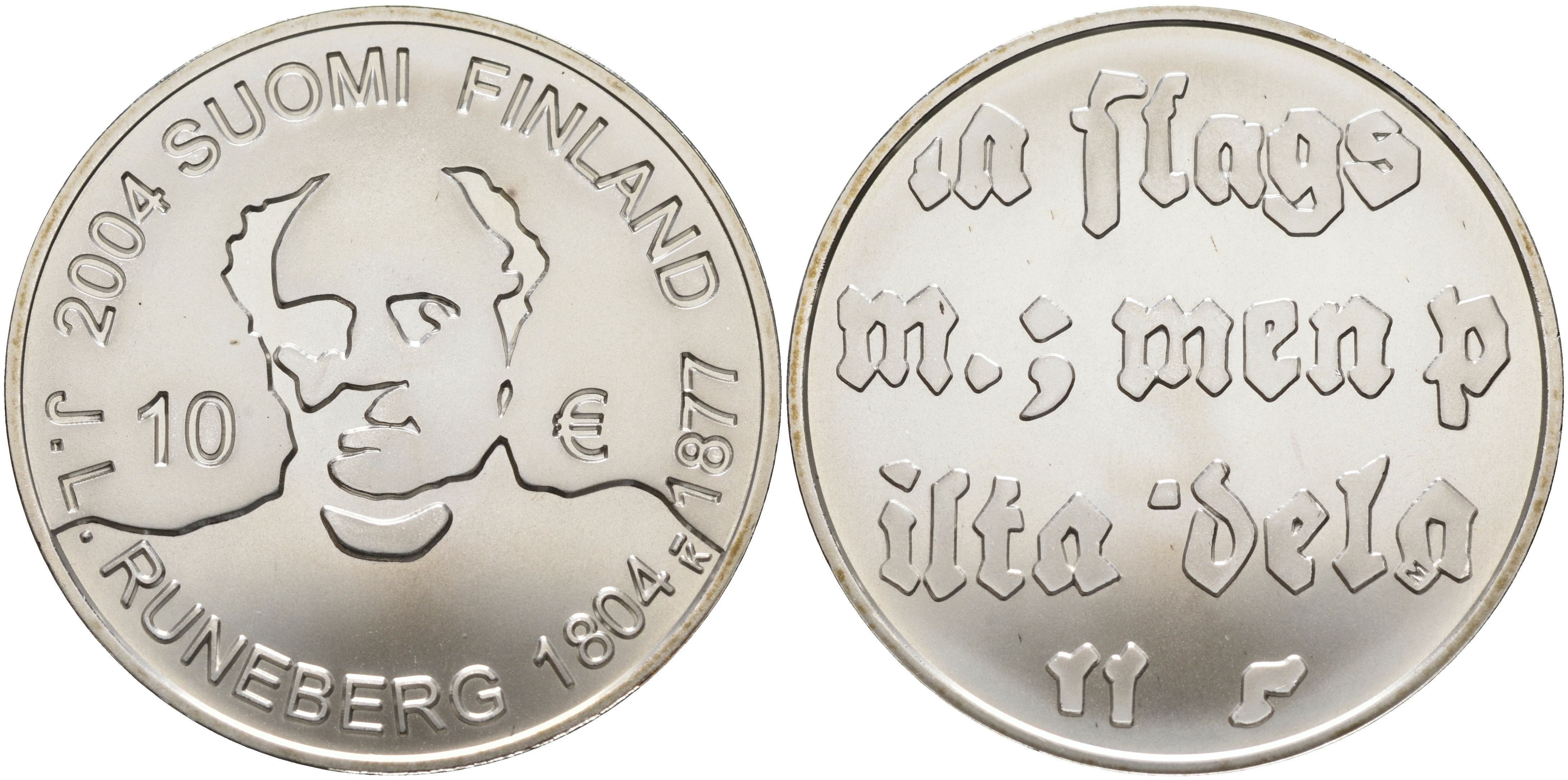 Финляндия 10 евро 2004 200 лет со дня рождения Йохана Людвига Рунеберга, поэт KM 115 серебро  UNC  11-114-13