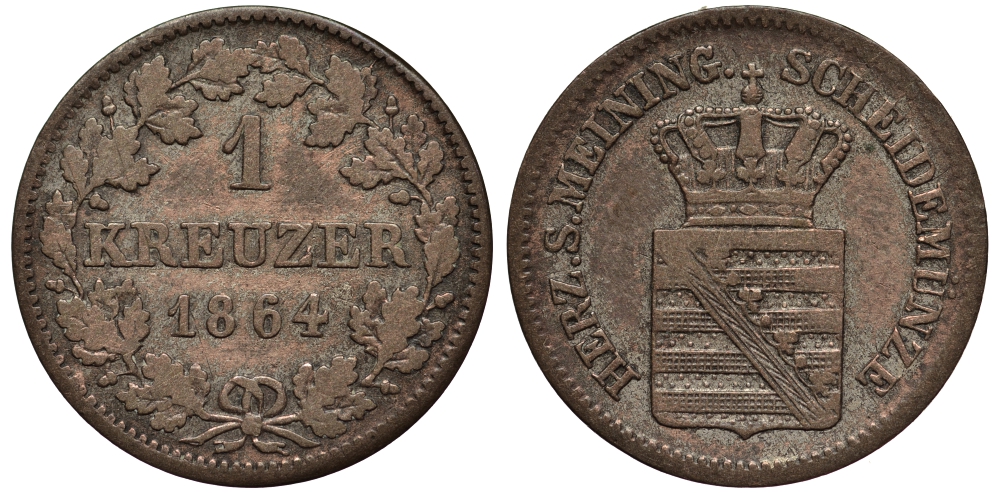 Саксен-Мейнинген 1 крейцер 1864 Бернгард II (1803-1866) KM 172, Jaeger 449, AKS 202  серебро   413-5242