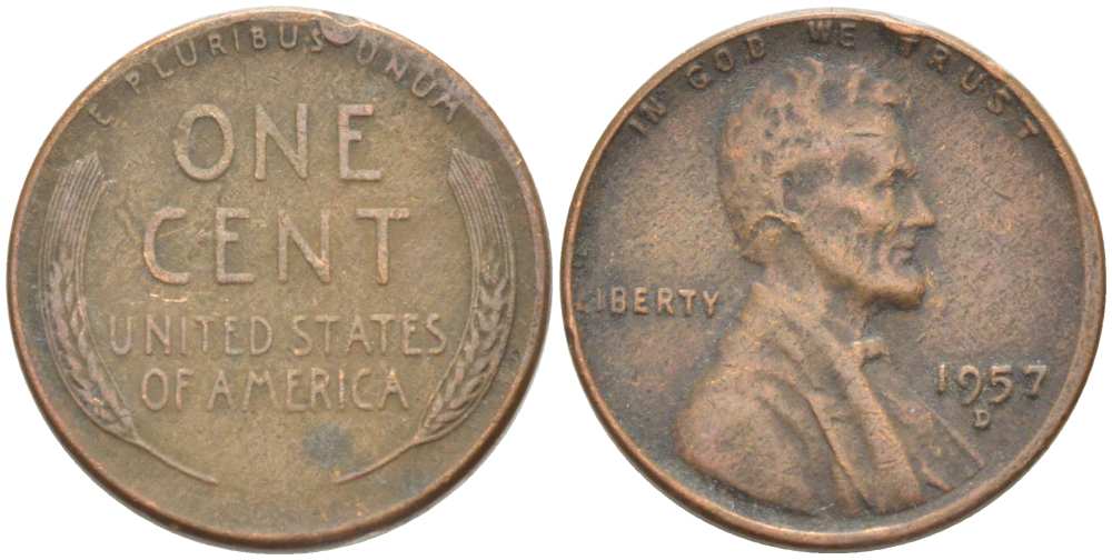 США 1 ЦЕНТ 1957 D, ЛИНКОЛЬН KM А132 медь цинк 218-1037